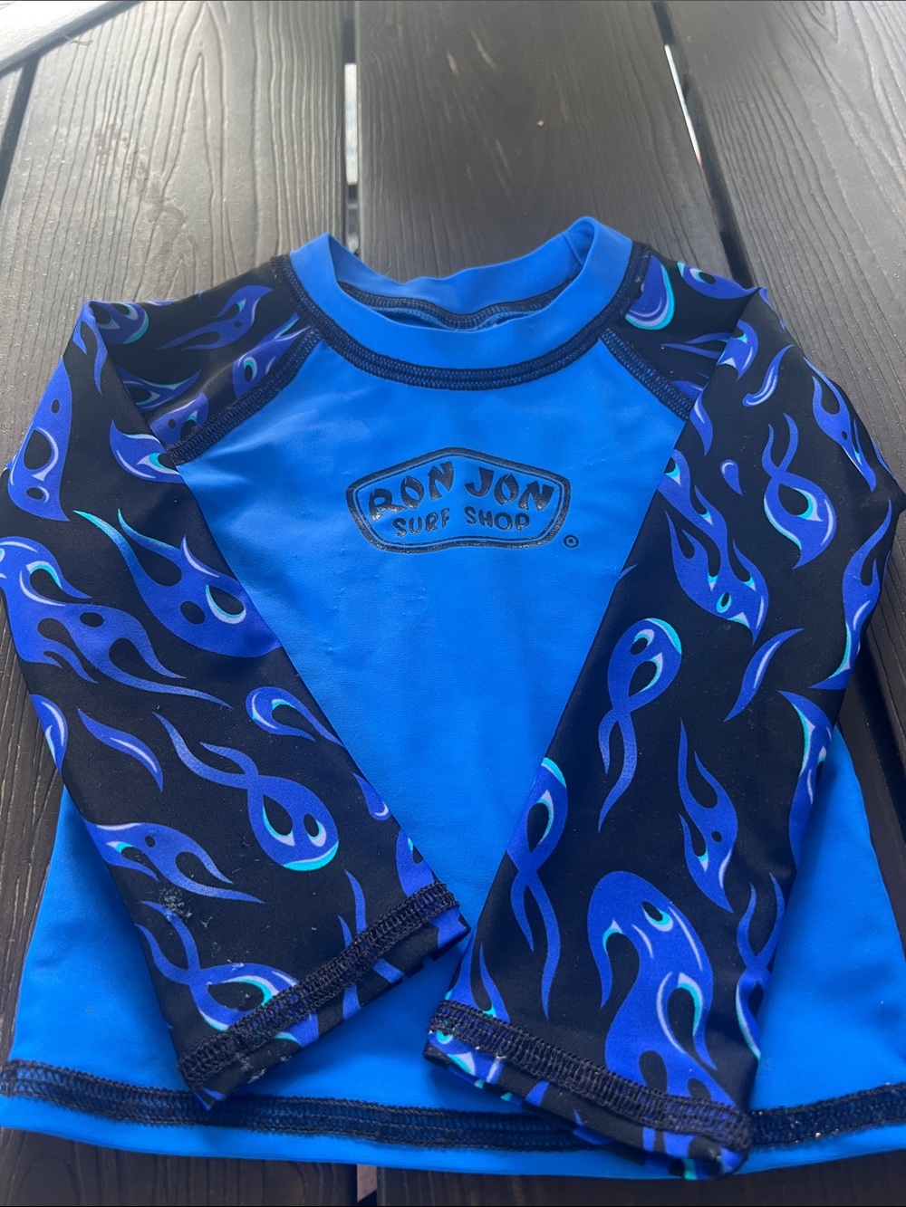 Ron Jon Kids Blue Rash Guard with Navy Flame Sleeves
